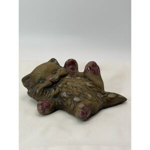 Vintage Playful Cat Kitten Figurine, Brown Ceramic Lying on side